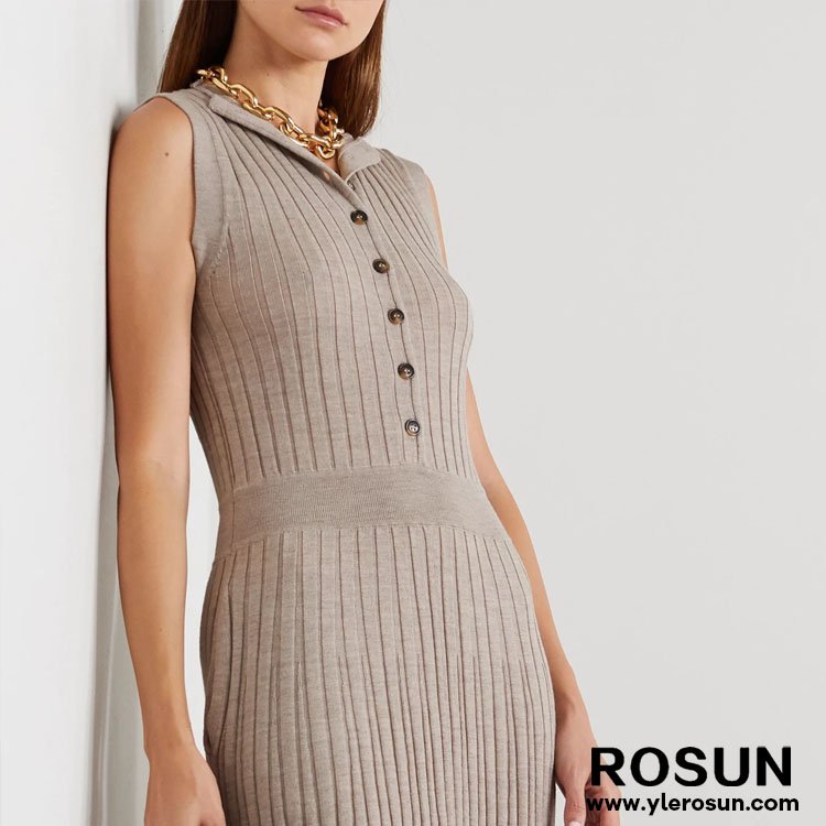 Button fastenings along front ribbed wool low waistband maxi dress knitted sweater dress