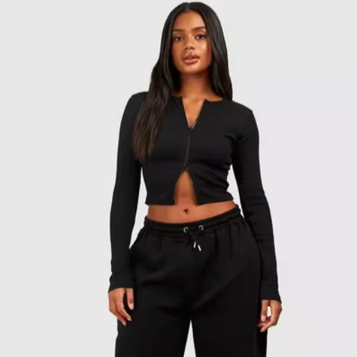 DOUBLE ZIP LONG SLEEVE RIB TOP AND STRAIGHT LEG JOGGER SET