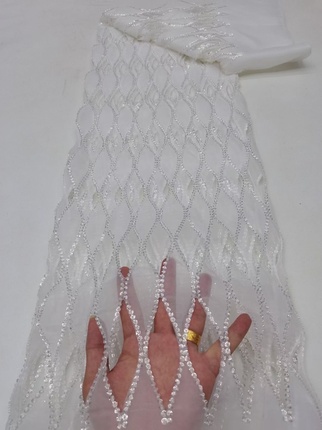 Wholesale Price Heavy Floral Hollow Diamond Pearl Beaded Lace Organza Embroidery Fabric Wedding Dress