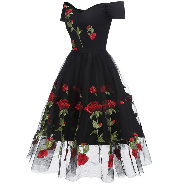 High Quality Black Off Shoulder Lace Embroider Lady Dress Summer Women V-neck Prom A-line Evening Party Dresses