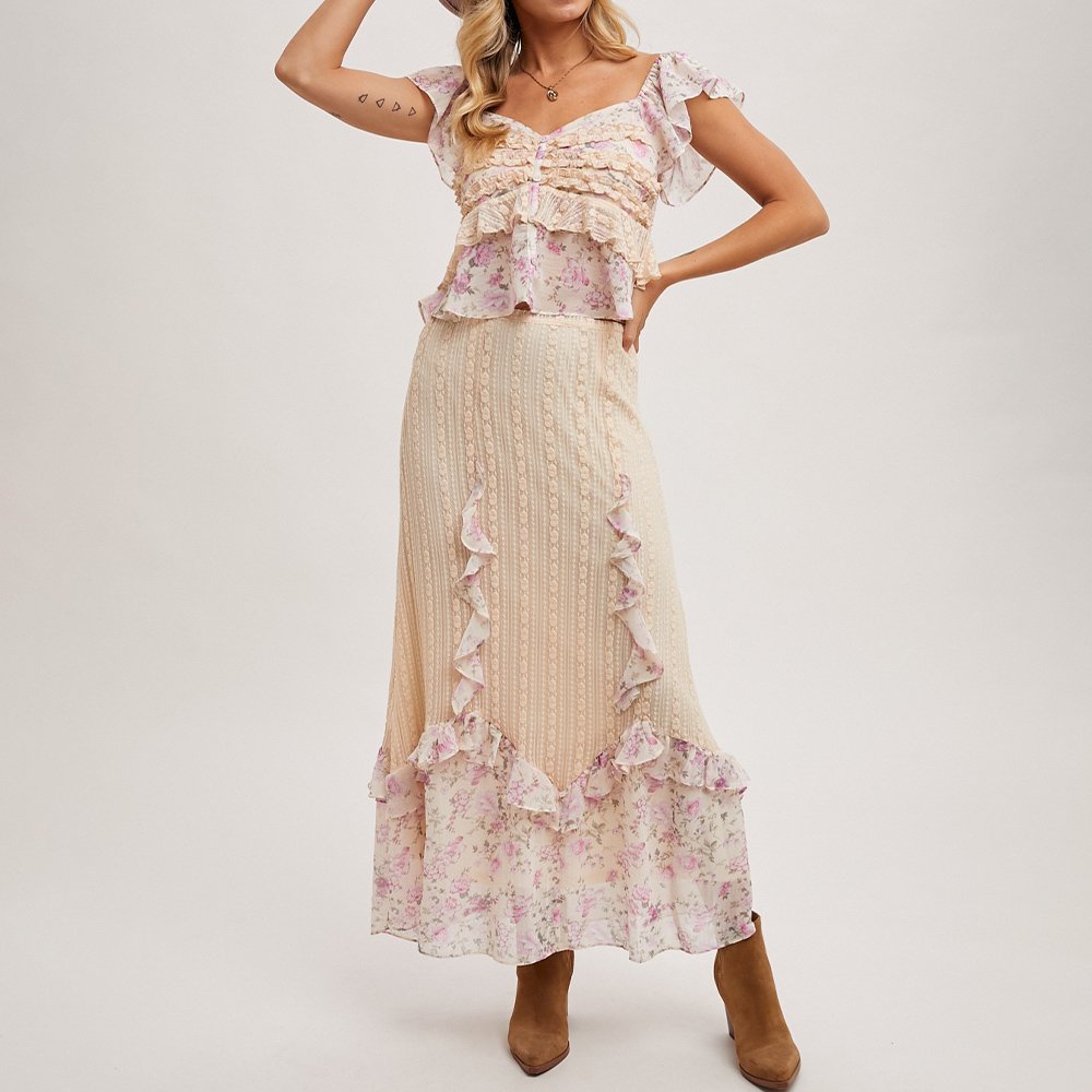 factory directly supply manufacturing stretch rib floral patches ruffles knit skirt set for lady