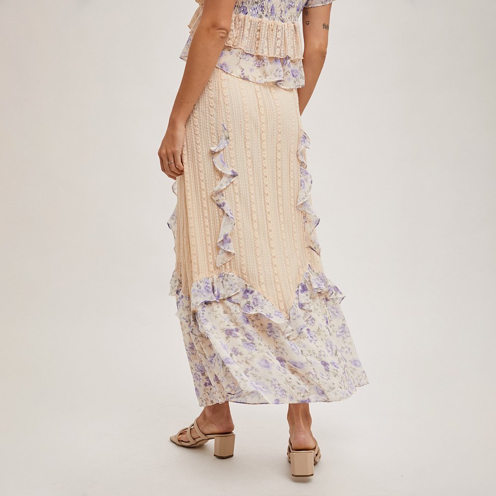 factory directly supply manufacturing stretch rib floral patches ruffles knit skirt set for lady