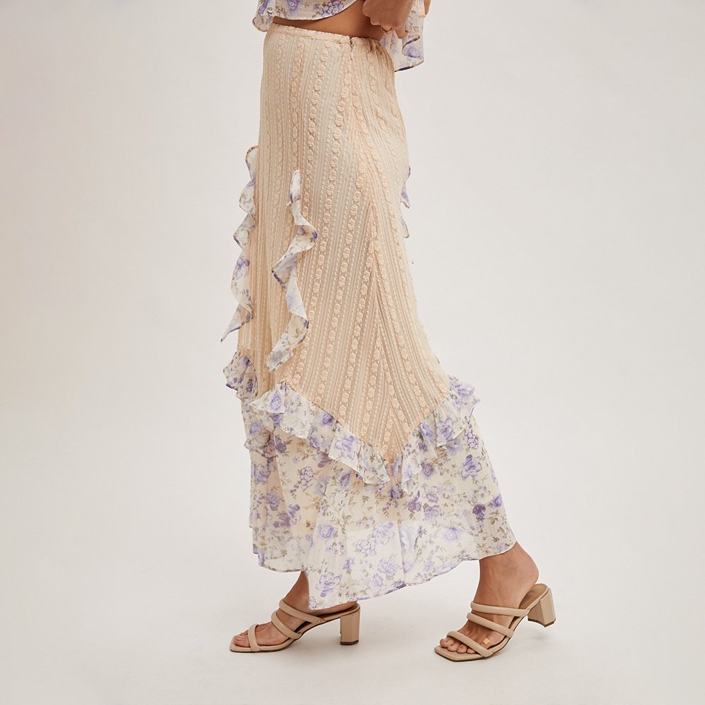 factory directly supply manufacturing stretch rib floral patches ruffles knit skirt set for lady