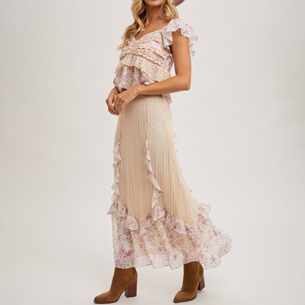 factory directly supply manufacturing stretch rib floral patches ruffles knit skirt set for lady