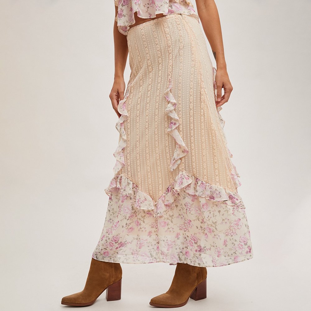factory directly supply manufacturing stretch rib floral patches ruffles knit skirt set for lady