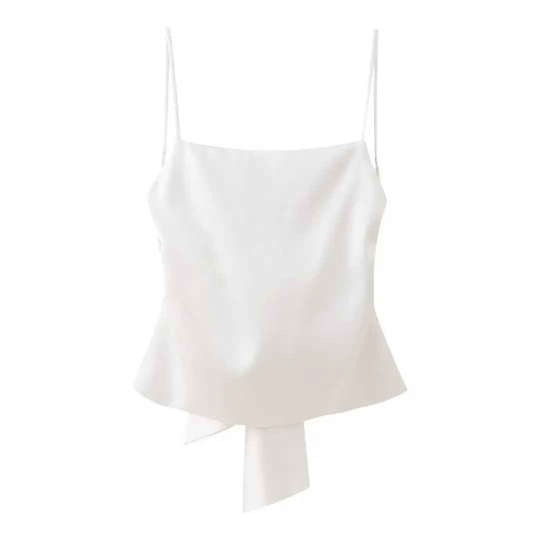 Women Fashion Solid Backless Bow Lace Up Camisole Vintage Thin Straps Square Collar Female Chic Lady Tops