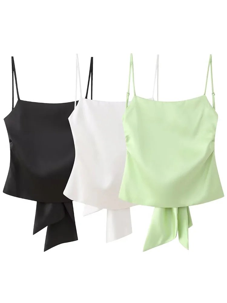 Women Fashion Solid Backless Bow Lace Up Camisole Vintage Thin Straps Square Collar Female Chic Lady Tops