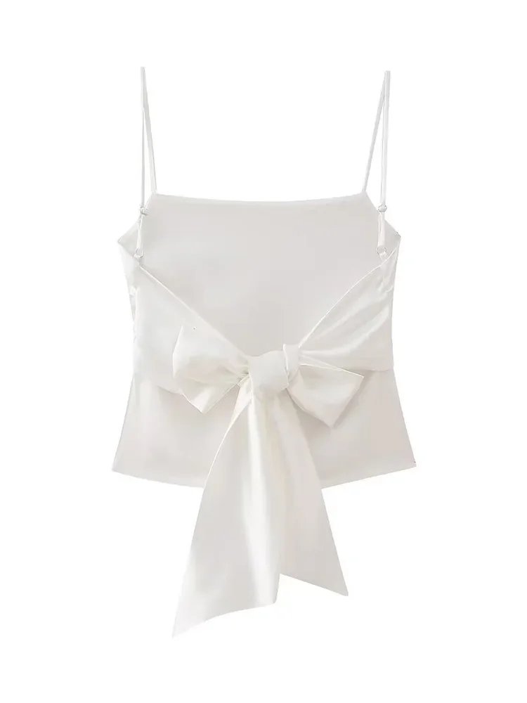 Women Fashion Solid Backless Bow Lace Up Camisole Vintage Thin Straps Square Collar Female Chic Lady Tops