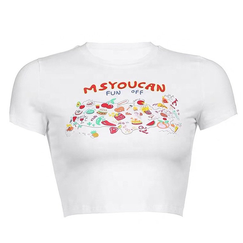 Custom LOGO Wholesale High Quality 100% Cotton Plus Size Women's Cropped Tops Ribbed Fitted Blank Puff Screen Print T-shirt