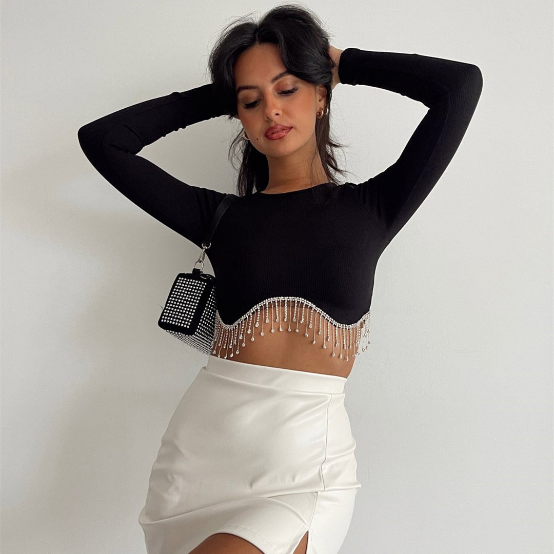 Enyami Spring Autumn Rave Music Festivals New Knitted Crop Tops Fashion Round Neck Long Sleeve Tassel Design Slim Sexy Tops