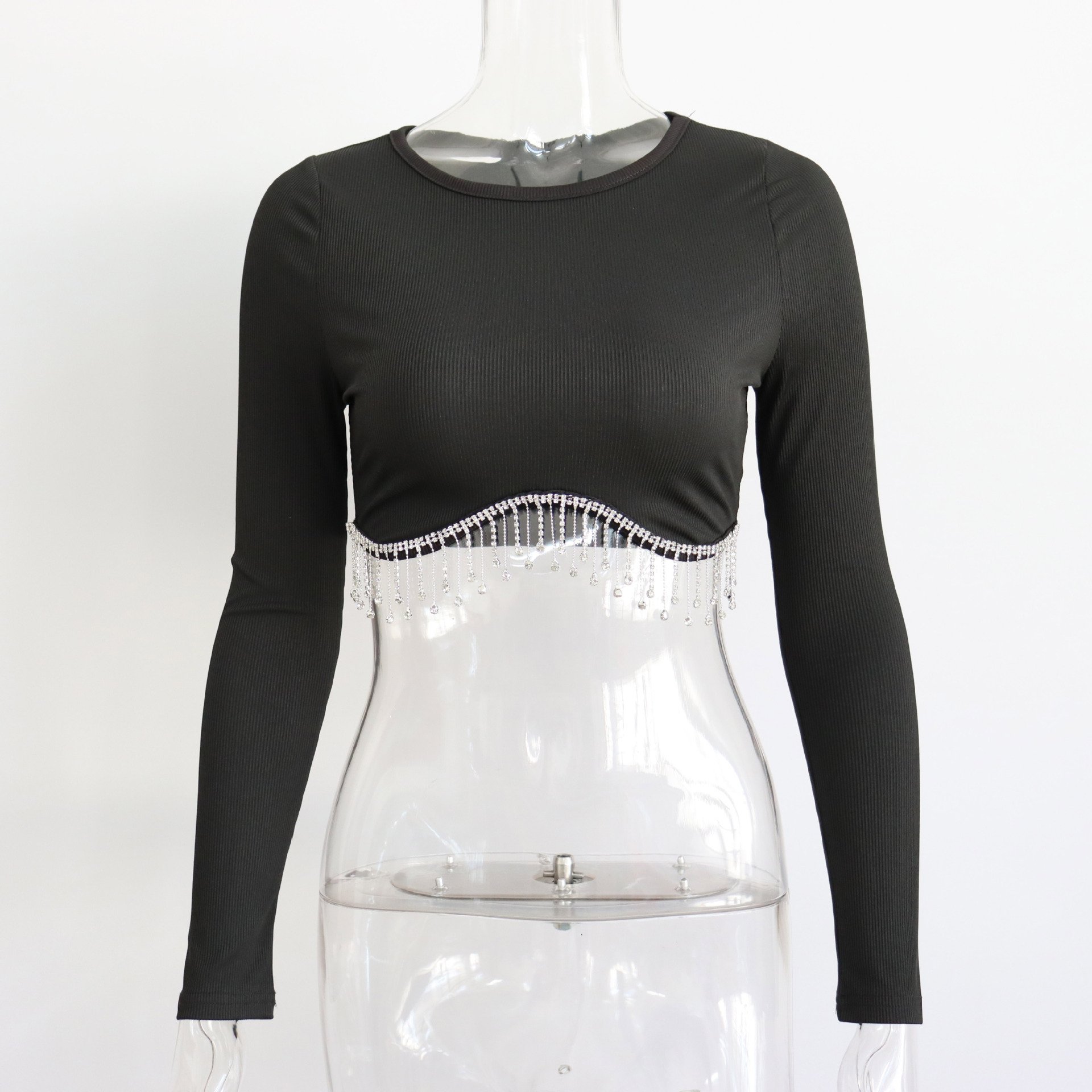 Enyami Spring Autumn Rave Music Festivals New Knitted Crop Tops Fashion Round Neck Long Sleeve Tassel Design Slim Sexy Tops
