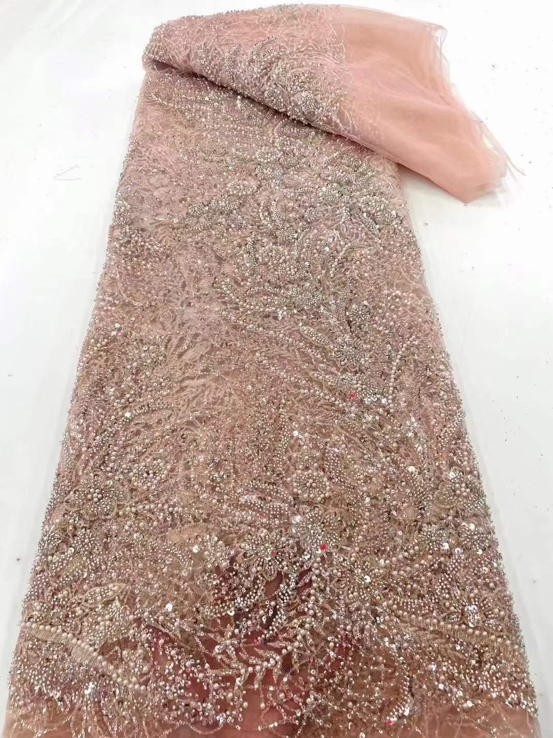 Beaded fabric custom embroidery bridal white wedding lace fabric sequin net embroidery fabric