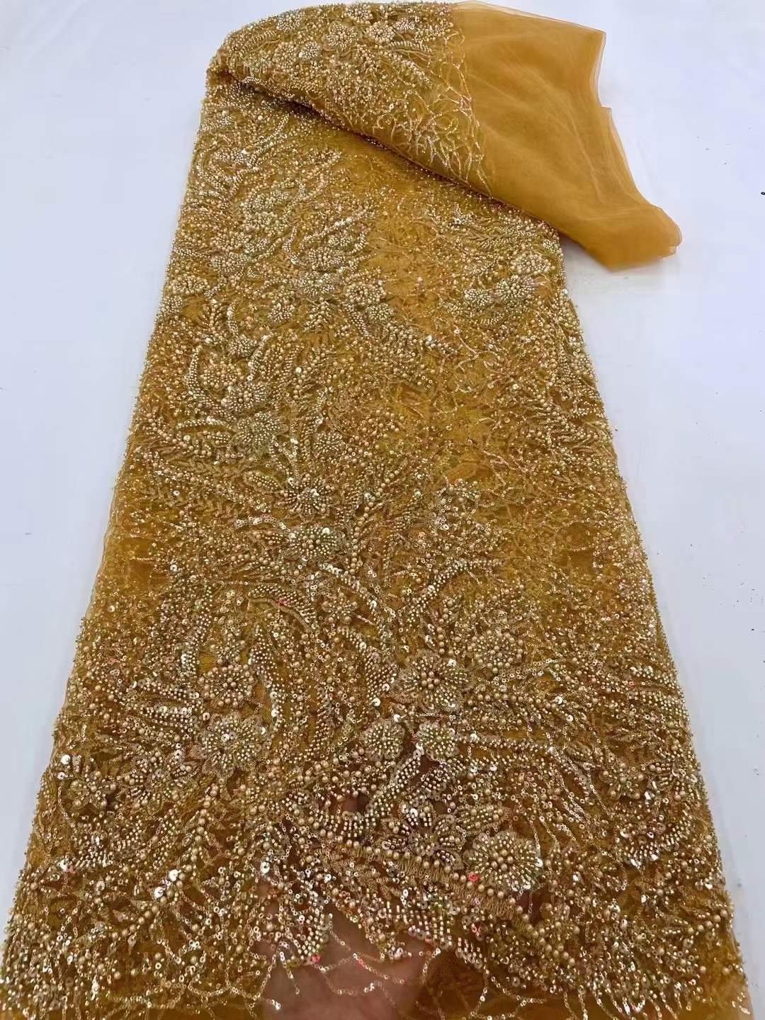 Beaded fabric custom embroidery bridal white wedding lace fabric sequin net embroidery fabric