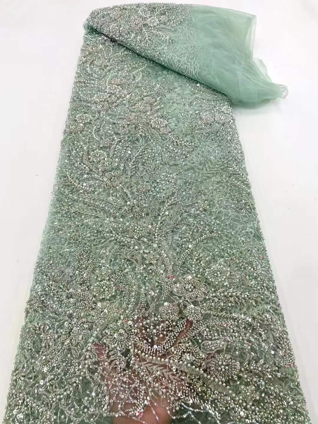 Beaded fabric custom embroidery bridal white wedding lace fabric sequin net embroidery fabric