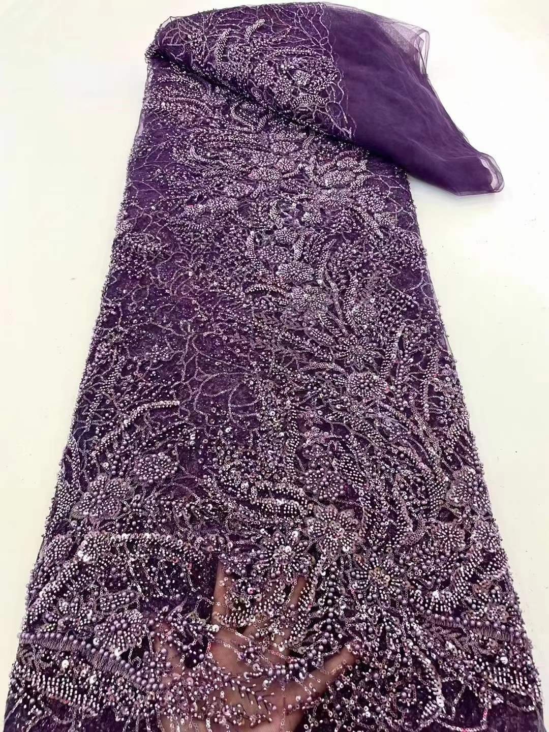 Beaded fabric custom embroidery bridal white wedding lace fabric sequin net embroidery fabric