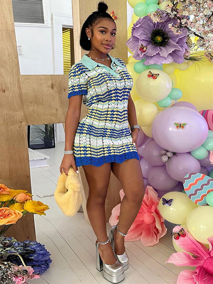 2024 summer dresses ladies clothing summer short sleeves women geometric printed knitted Dress