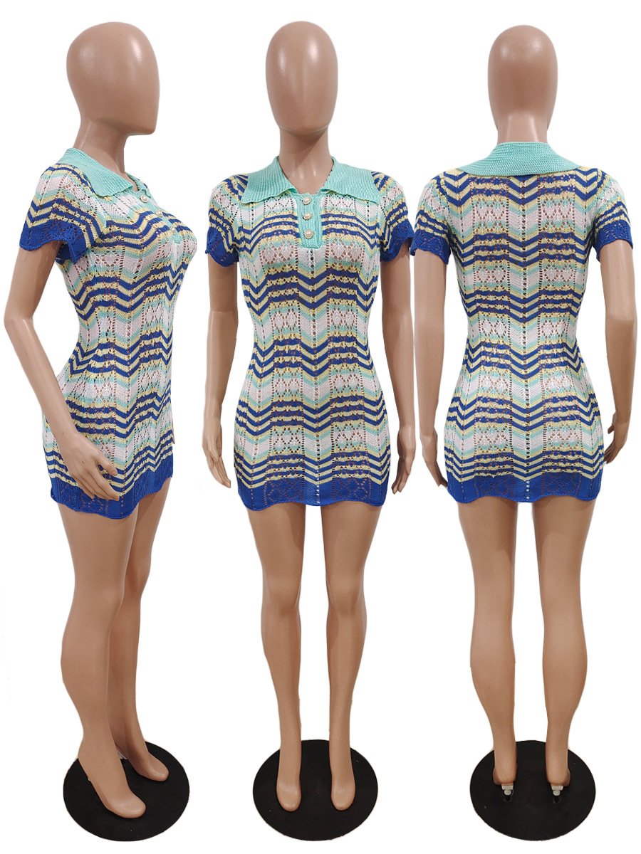 2024 summer dresses ladies clothing summer short sleeves women geometric printed knitted Dress
