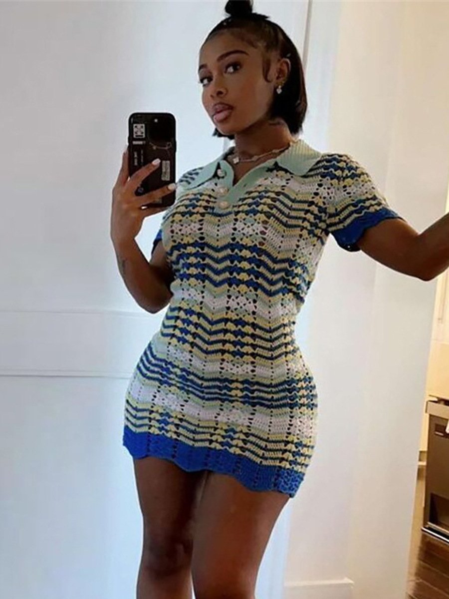 2024 summer dresses ladies clothing summer short sleeves women geometric printed knitted Dress