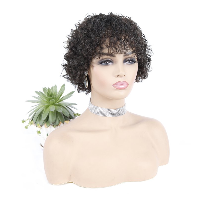 Dentelle avant perruques Cheapest Non Lace Pixie Cut Human Hair Wig Natural Black curly 100% Brazilian Hair Wigs for sale