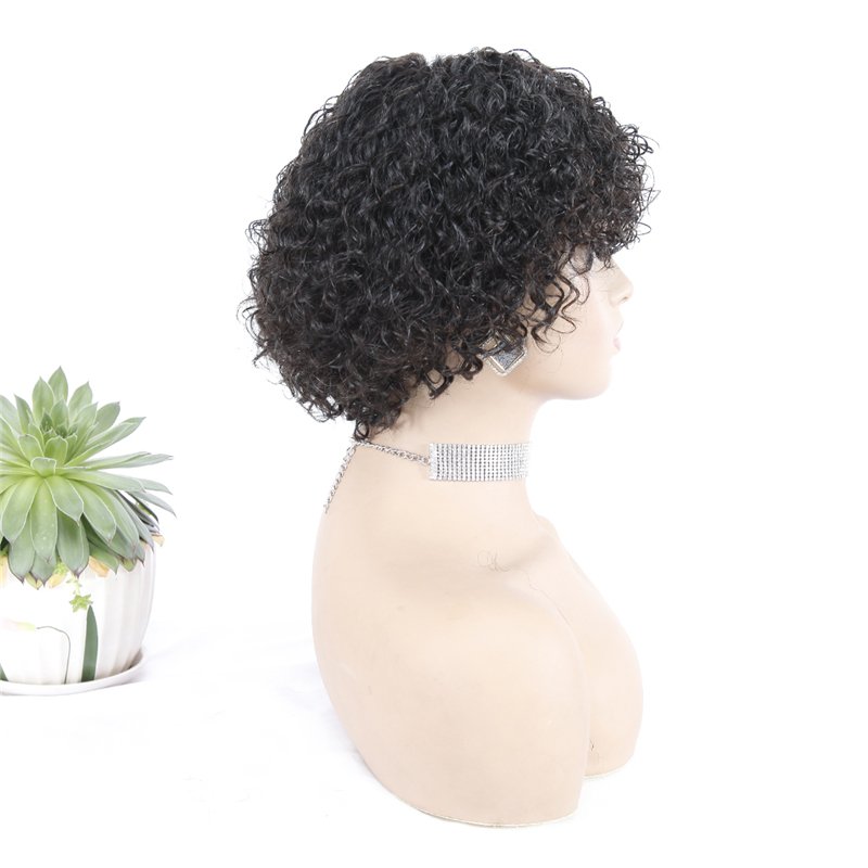 Dentelle avant perruques Cheapest Non Lace Pixie Cut Human Hair Wig Natural Black curly 100% Brazilian Hair Wigs for sale