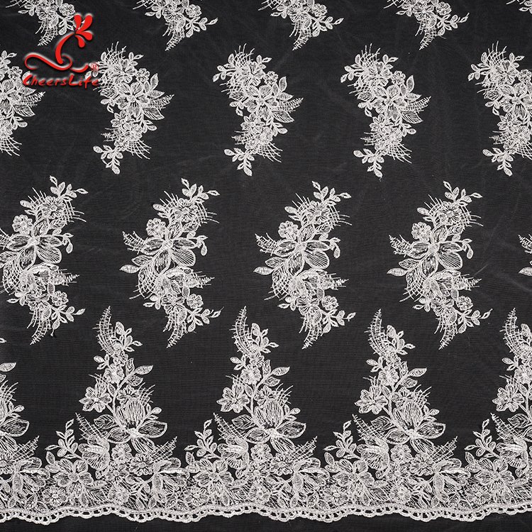 Dazzling bridal wedding corded sequin embroidery white saree tulle lace fabric
