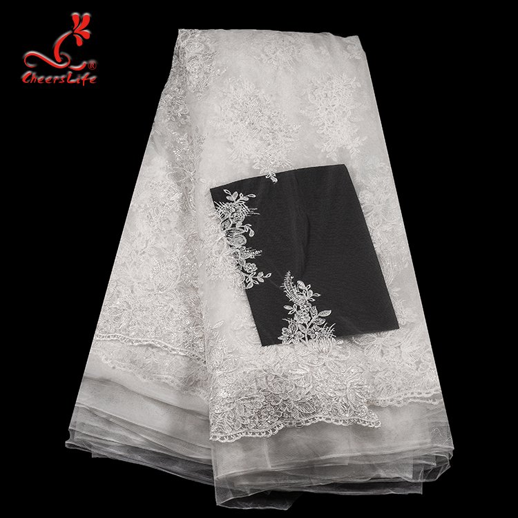 Dazzling bridal wedding corded sequin embroidery white saree tulle lace fabric
