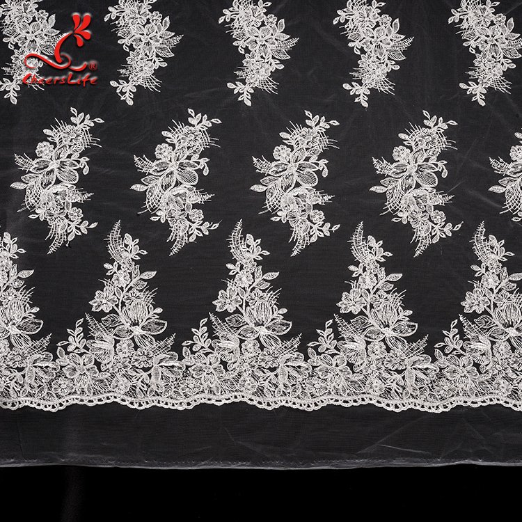 Dazzling bridal wedding corded sequin embroidery white saree tulle lace fabric
