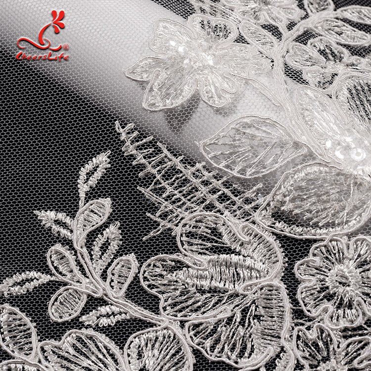 Dazzling bridal wedding corded sequin embroidery white saree tulle lace fabric