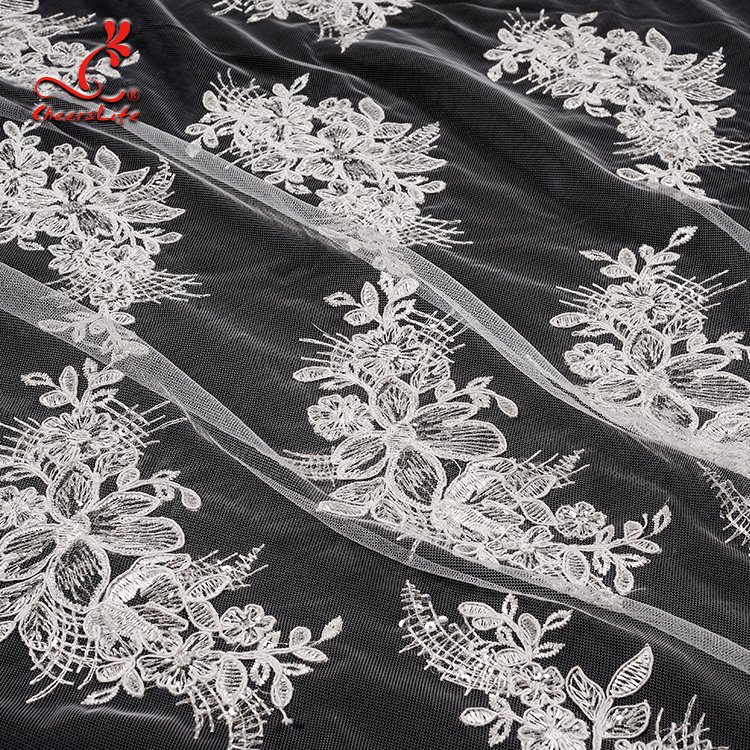 Dazzling bridal wedding corded sequin embroidery white saree tulle lace fabric