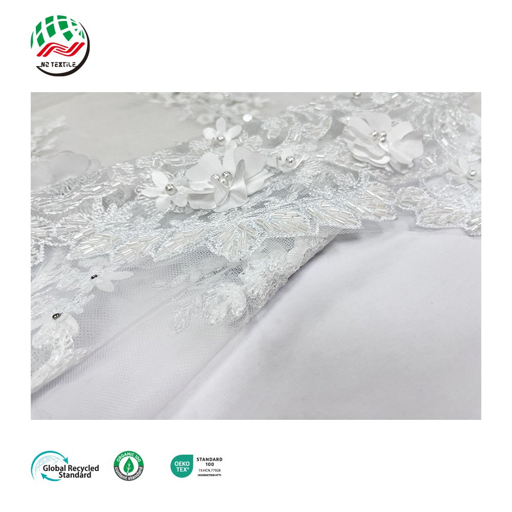 Wholesale White 3D Flower Tulle Beaded Mesh Embroidery Lace with Flowers Fabric