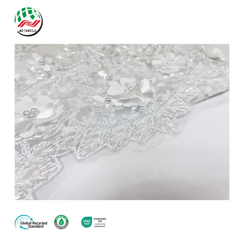 Wholesale White 3D Flower Tulle Beaded Mesh Embroidery Lace with Flowers Fabric