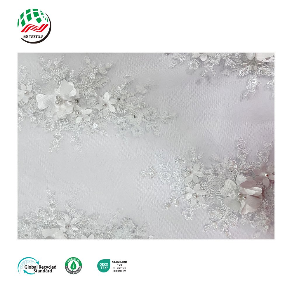 Wholesale White 3D Flower Tulle Beaded Mesh Embroidery Lace with Flowers Fabric