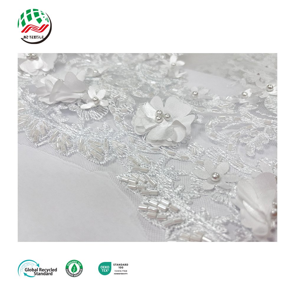 Wholesale White 3D Flower Tulle Beaded Mesh Embroidery Lace with Flowers Fabric