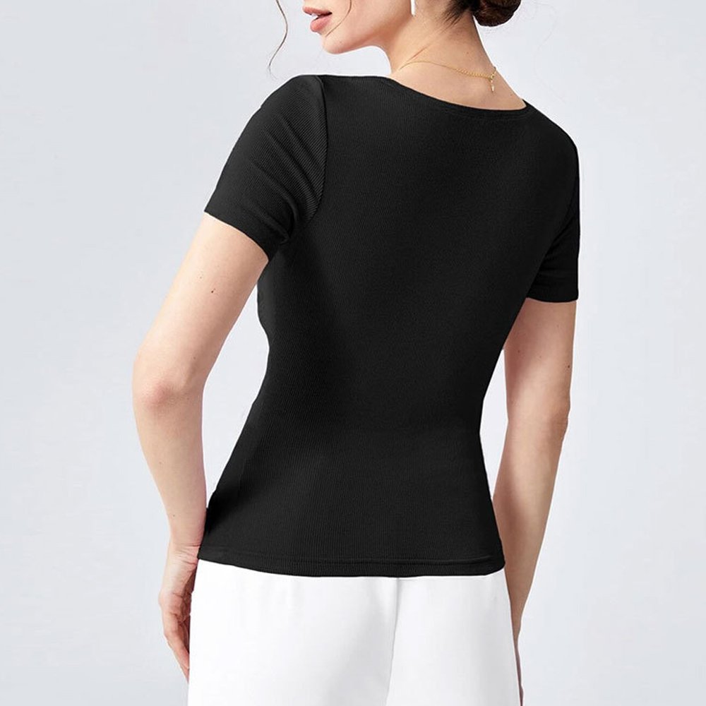 Women's Summer Scoop Neck Short Sleeve T-Shirts Ribbed Knit Slim Fitted Casual Basic Top