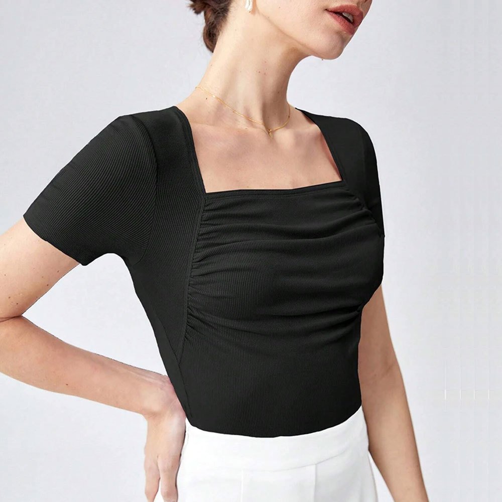 Women's Summer Scoop Neck Short Sleeve T-Shirts Ribbed Knit Slim Fitted Casual Basic Top