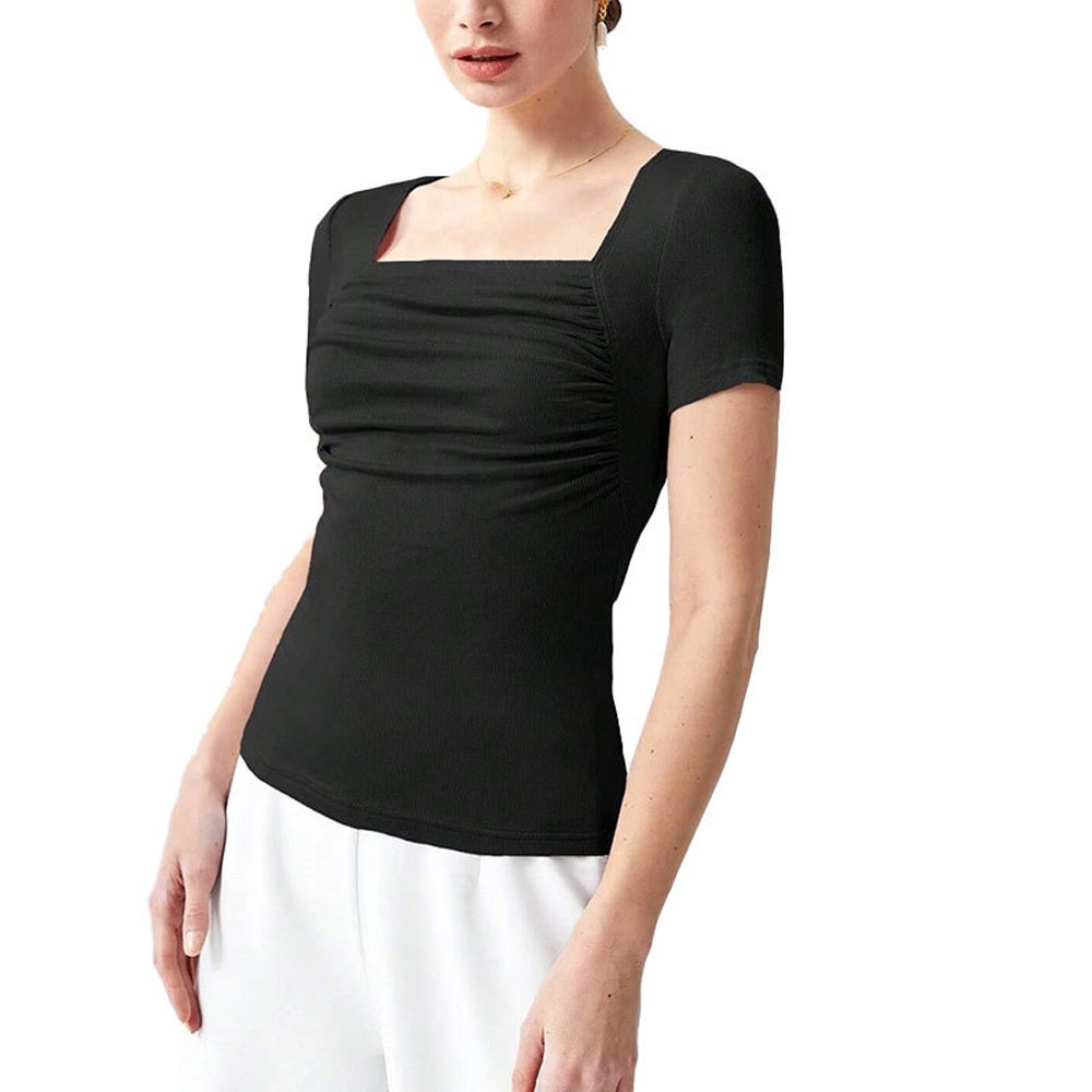Women's Summer Scoop Neck Short Sleeve T-Shirts Ribbed Knit Slim Fitted Casual Basic Top