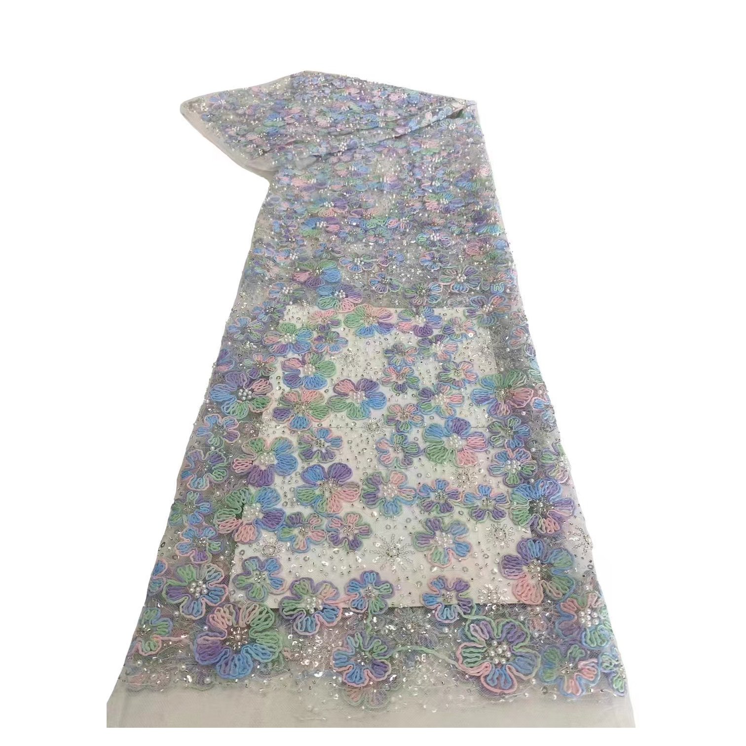 Colorful Flowers Shape Factory Direct Supply French Tulle Net African Embroidery Fabric Sequin Lace Wedding Party