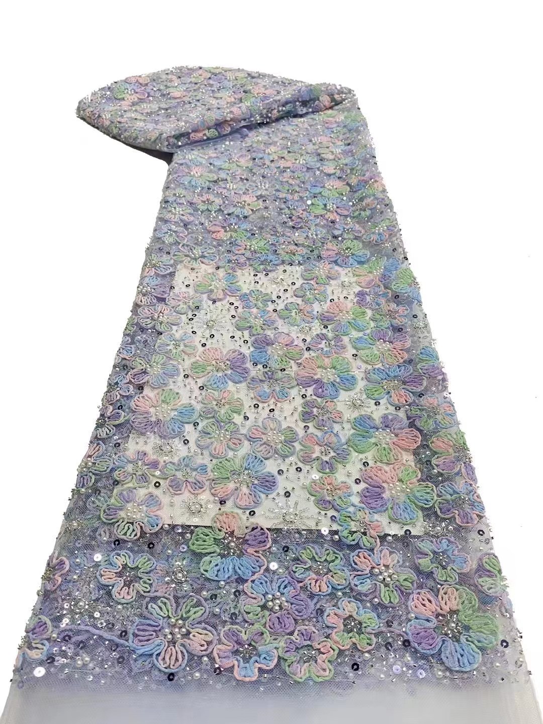 Colorful Flowers Shape Factory Direct Supply French Tulle Net African Embroidery Fabric Sequin Lace Wedding Party