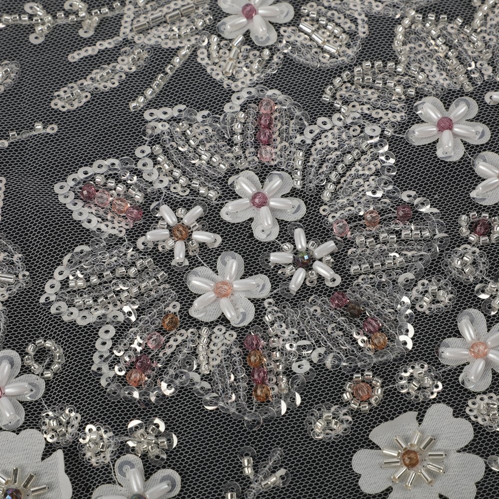 Tulle Lace New China Manufacturer Plant Flower Sequin Embroidery Fabric Five-Leaf Grass Style