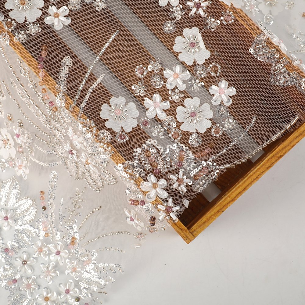 Tulle Lace New China Manufacturer Plant Flower Sequin Embroidery Fabric Five-Leaf Grass Style