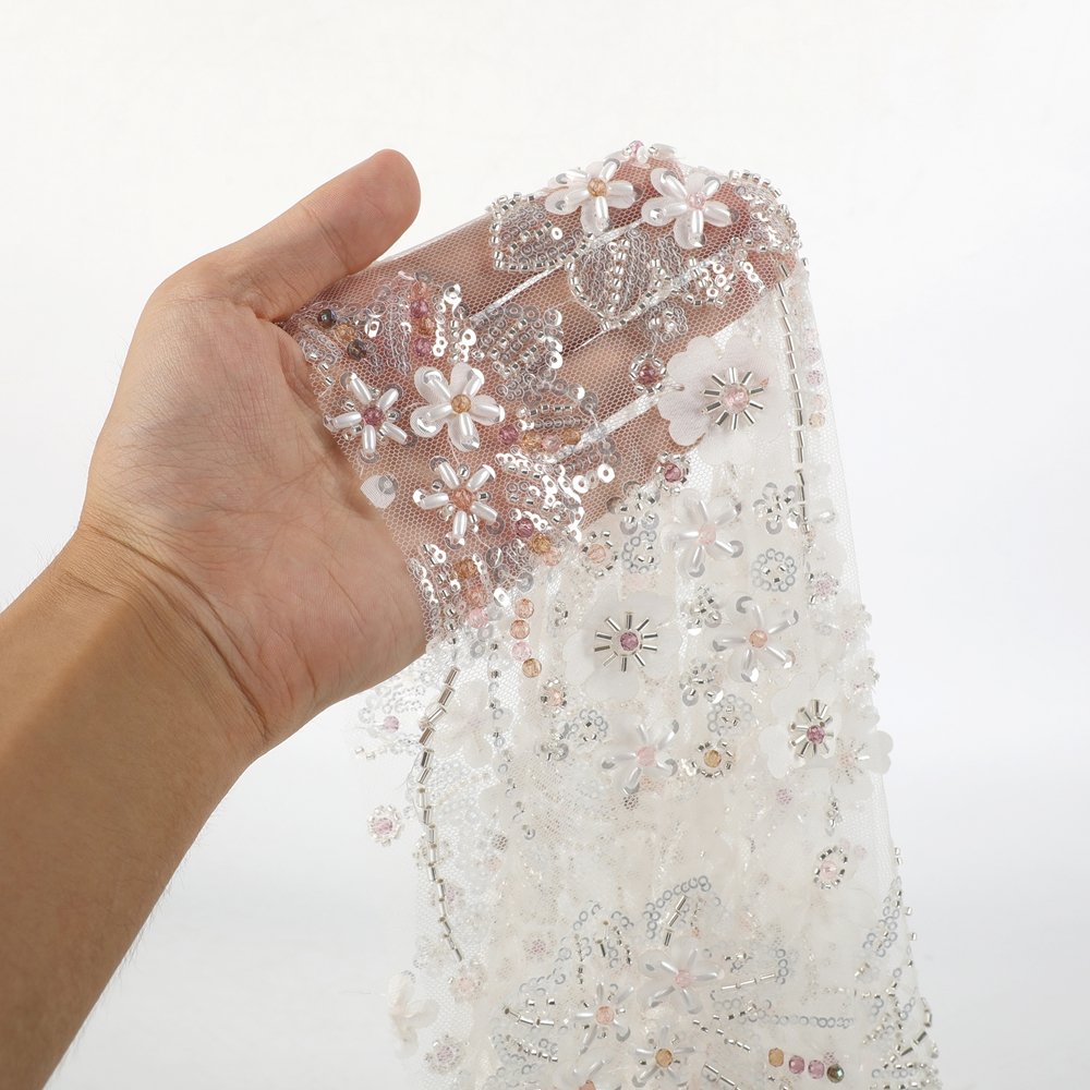 Tulle Lace New China Manufacturer Plant Flower Sequin Embroidery Fabric Five-Leaf Grass Style