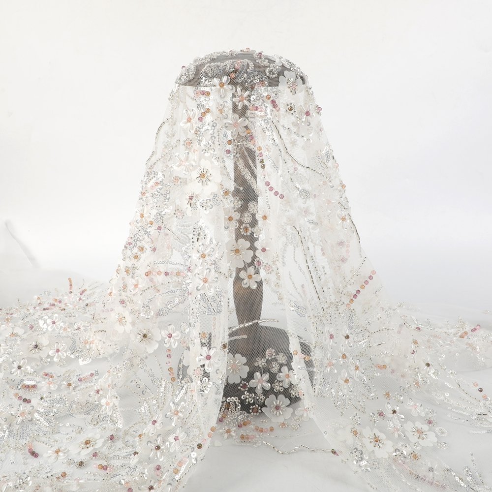 Tulle Lace New China Manufacturer Plant Flower Sequin Embroidery Fabric Five-Leaf Grass Style