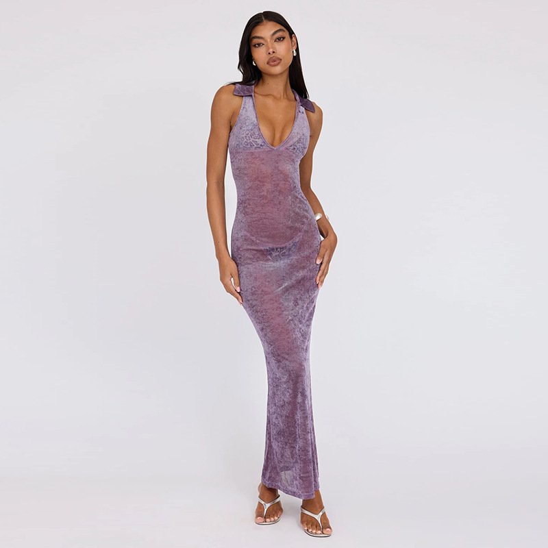 Peeqi K24D51874 fashion 2024 new summer streetwear solid color sleeveless backless hollow slim dress sexy maxi dress women lady