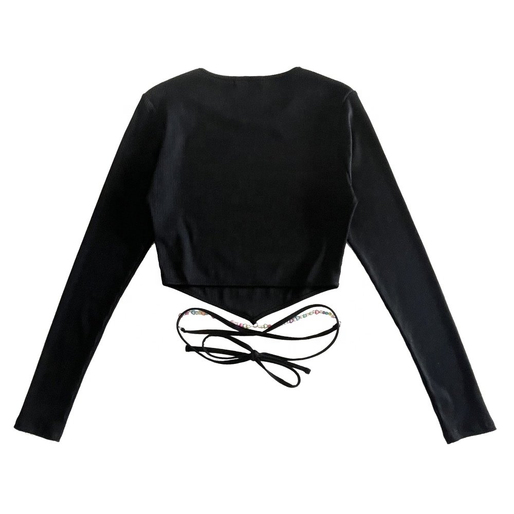 Fashion Stretch Rib Knitted Long Sleeve Women's T-shirt Beaded Waist Strap Design Crop Top for women