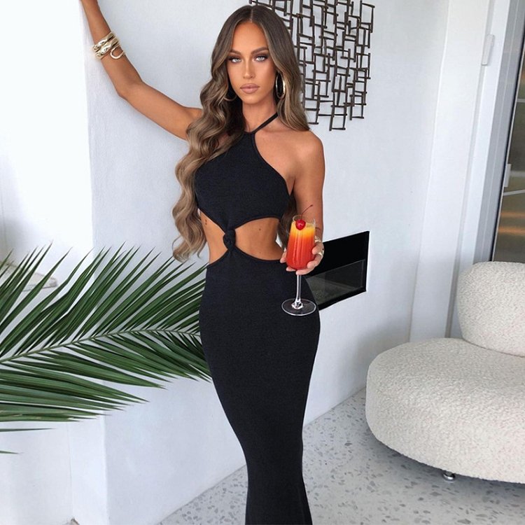 2021 new arrival rib knit sleeveless hang neck Cut out Club party Casual solid elegant sexy women tube summer dresses