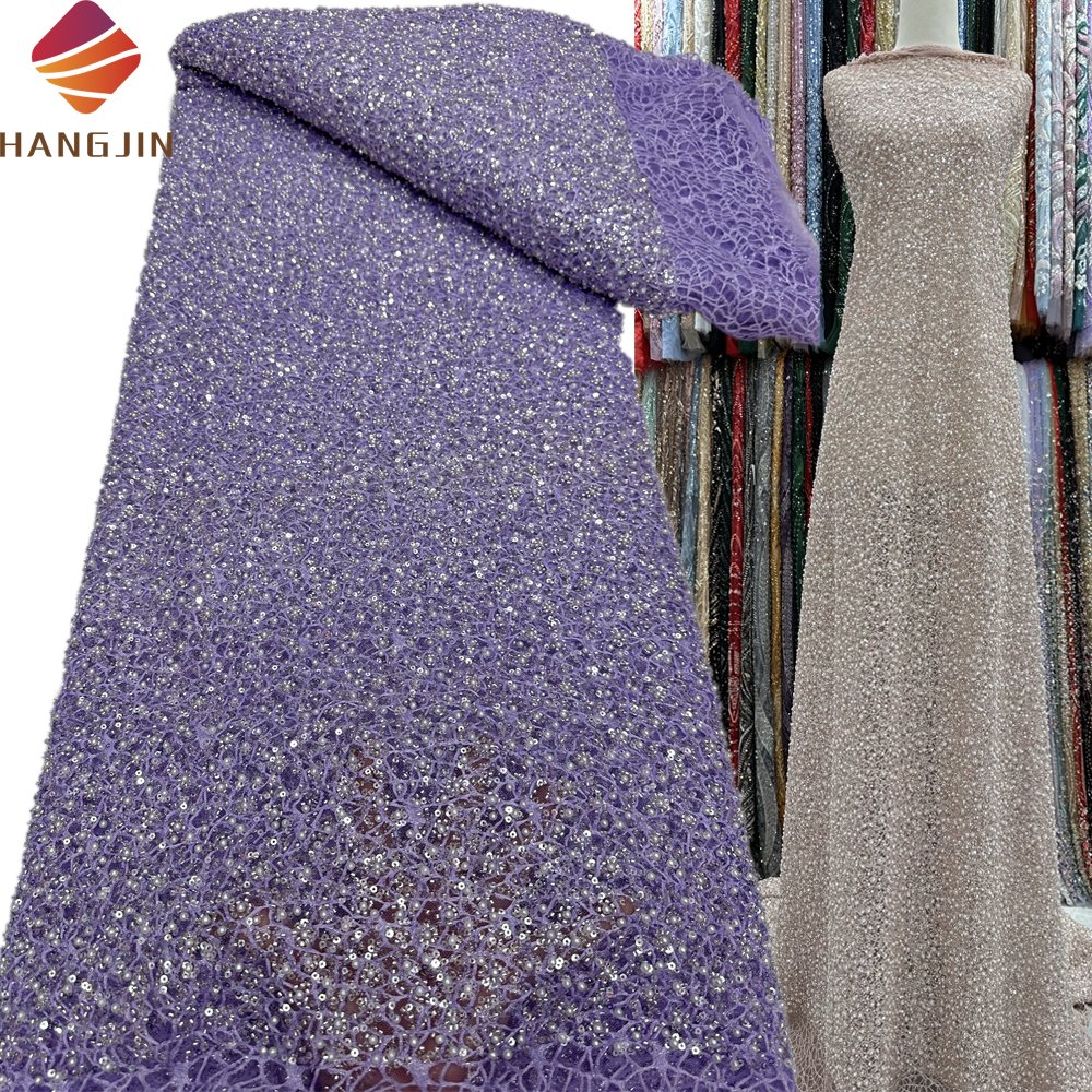 African Beaded Lace Fabric 2024 High Quality Heavy Handmade Pearls French Mesh Lace Fabric for Wedding Dress Sequins Lace Fabric