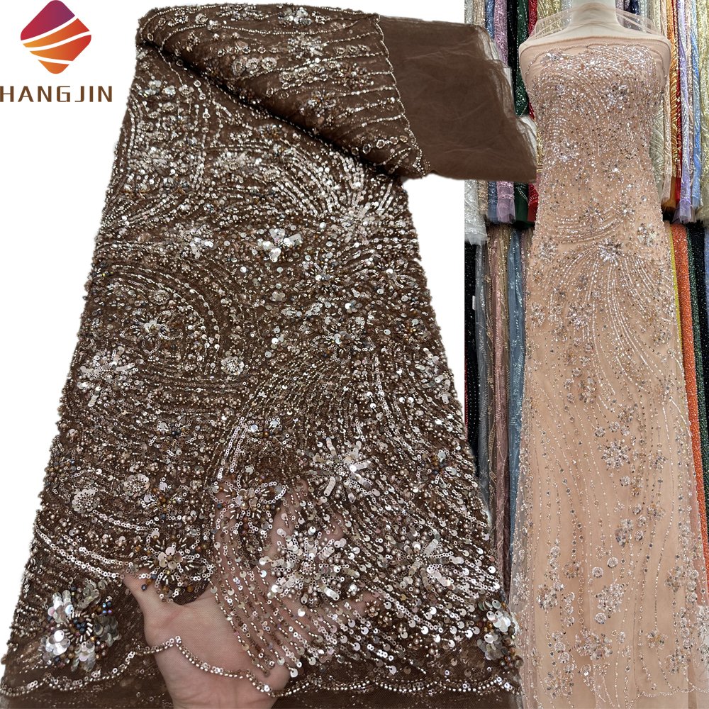 Latest Luxurious Beaded And Sequins Laces French Mesh Tulle Embroidery Handmade Beads Lace Fabric for Party