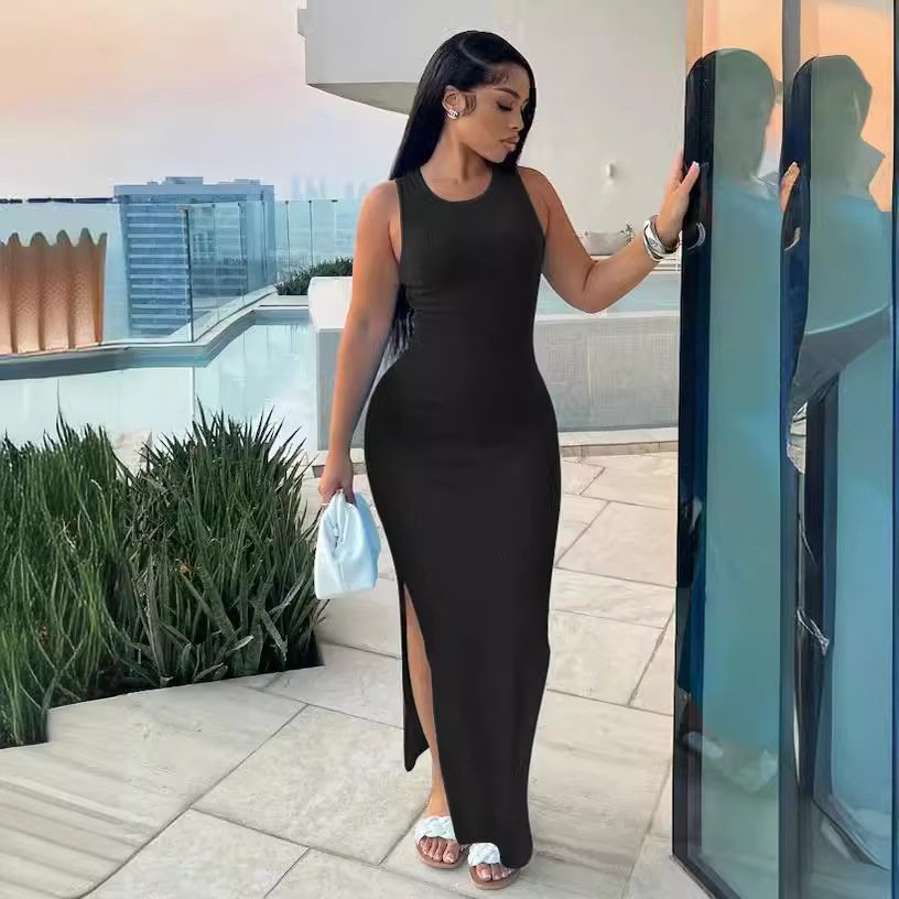 2024 summer best selling product new solid color Commuter ribbed knitted long dress sleeveless round neck high waist long dress