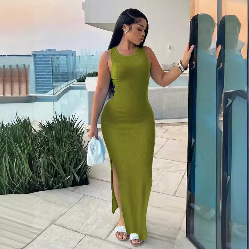 2024 summer best selling product new solid color Commuter ribbed knitted long dress sleeveless round neck high waist long dress