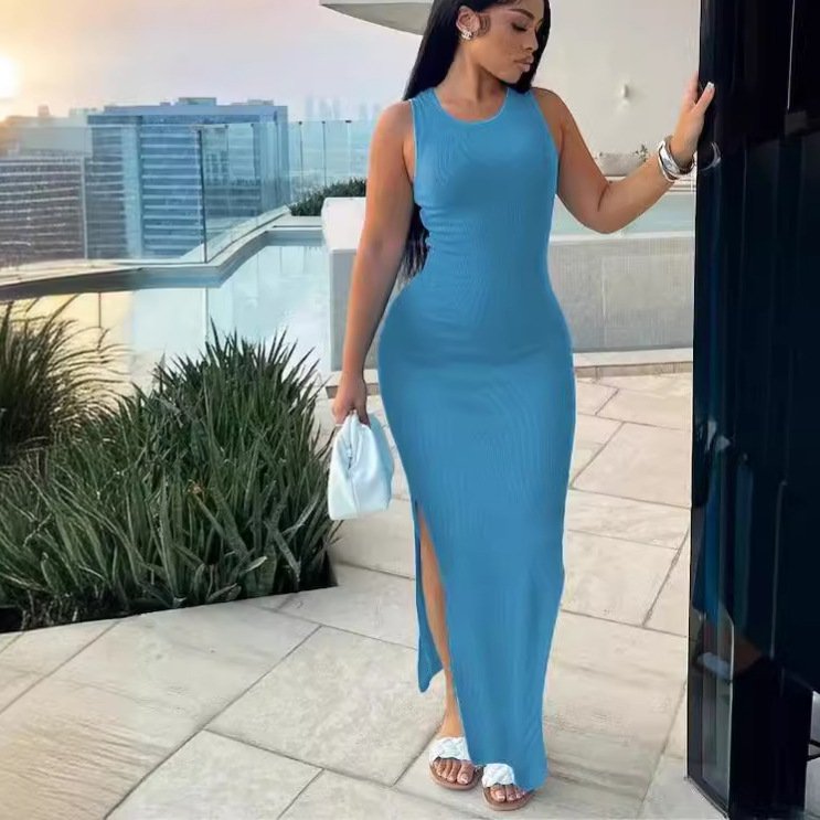 2024 summer best selling product new solid color Commuter ribbed knitted long dress sleeveless round neck high waist long dress